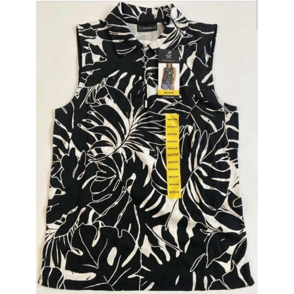 Rafaella Black & White Leaf Print Sleeveless Polo Tank Top M